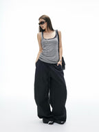 iamxiaa Vintage Striped Henley Slant Contrast Button Faux Women's Tencel Wool Tank Tops