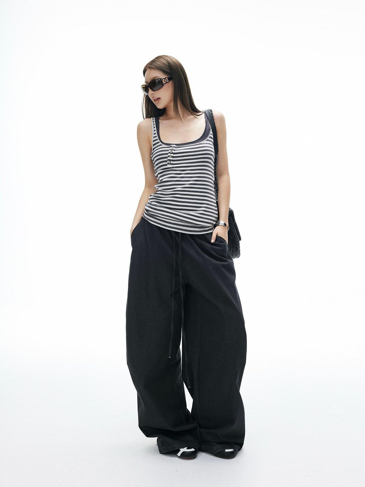 iamxiaa Vintage Striped Henley Slant Contrast Button Faux Women's Tencel Wool Tank Tops