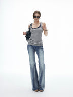 iamxiaa Vintage Striped Henley Slant Contrast Button Faux Women's Tencel Wool Tank Tops