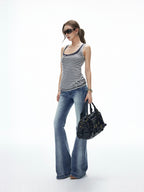iamxiaa Vintage Striped Henley Slant Contrast Button Faux Women's Tencel Wool Tank Tops