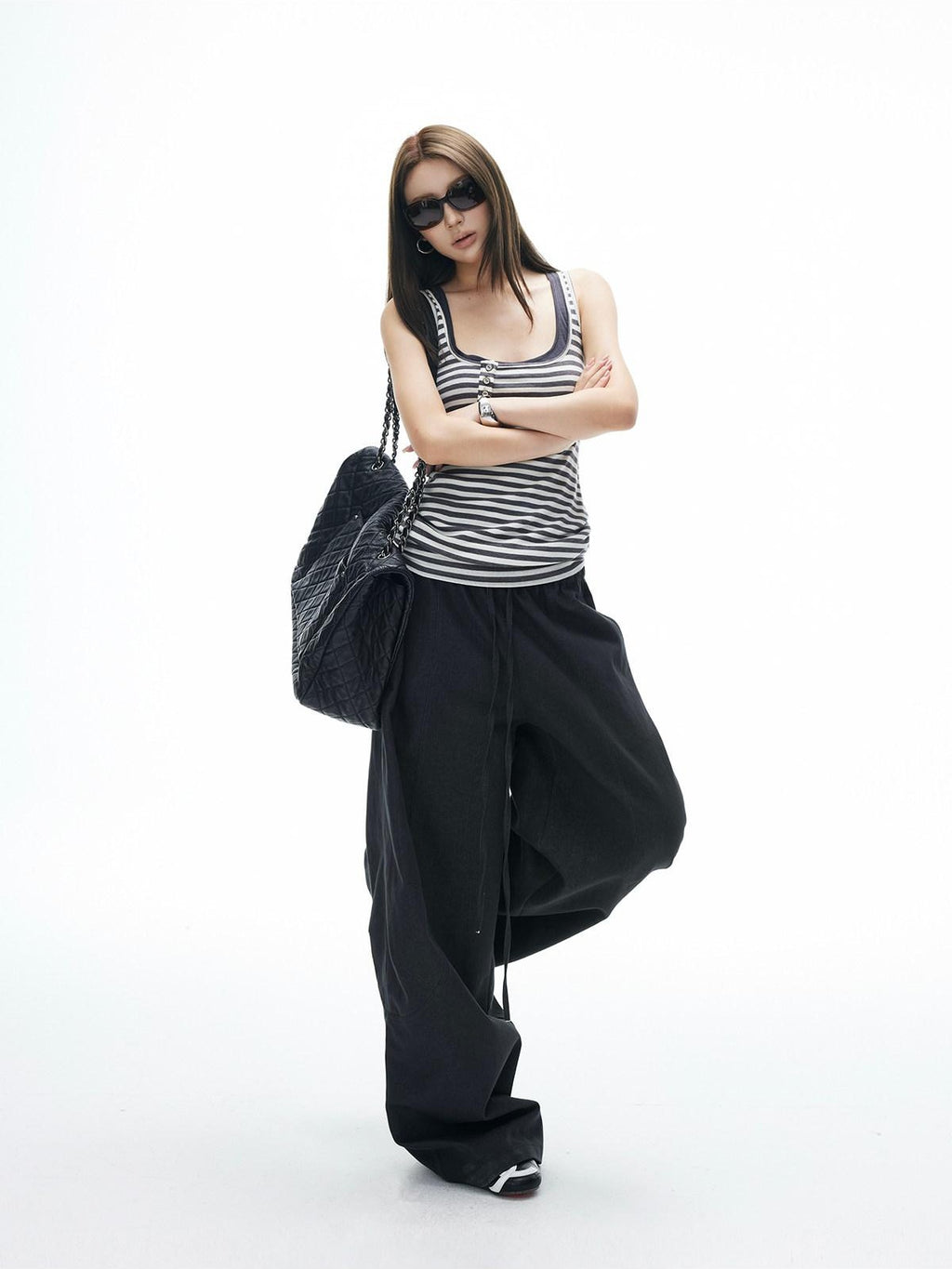 iamxiaa Vintage Striped Henley Slant Contrast Button Faux Women's Tencel Wool Tank Tops