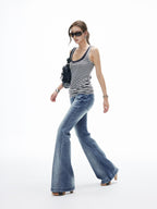 iamxiaa Vintage Striped Henley Slant Contrast Button Faux Women's Tencel Wool Tank Tops