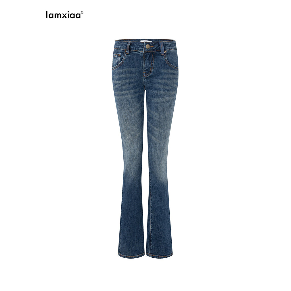 iamxiaa Vintage Wash Low Rise Micro Flare Women's Stretch Denim Straight Jeans 1003135274080