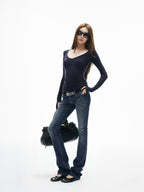 iamxiaa Vintage Wash Low Rise Micro Flare Women's Stretch Denim Straight Jeans
