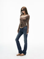 iamxiaa Vintage Wash Low Rise Micro Flare Women's Stretch Denim Straight Jeans