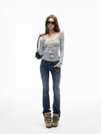 iamxiaa Vintage Wash Low Rise Micro Flare Women's Stretch Denim Straight Jeans