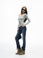 iamxiaa Vintage Wash Low Rise Micro Flare Women's Stretch Denim Straight Jeans