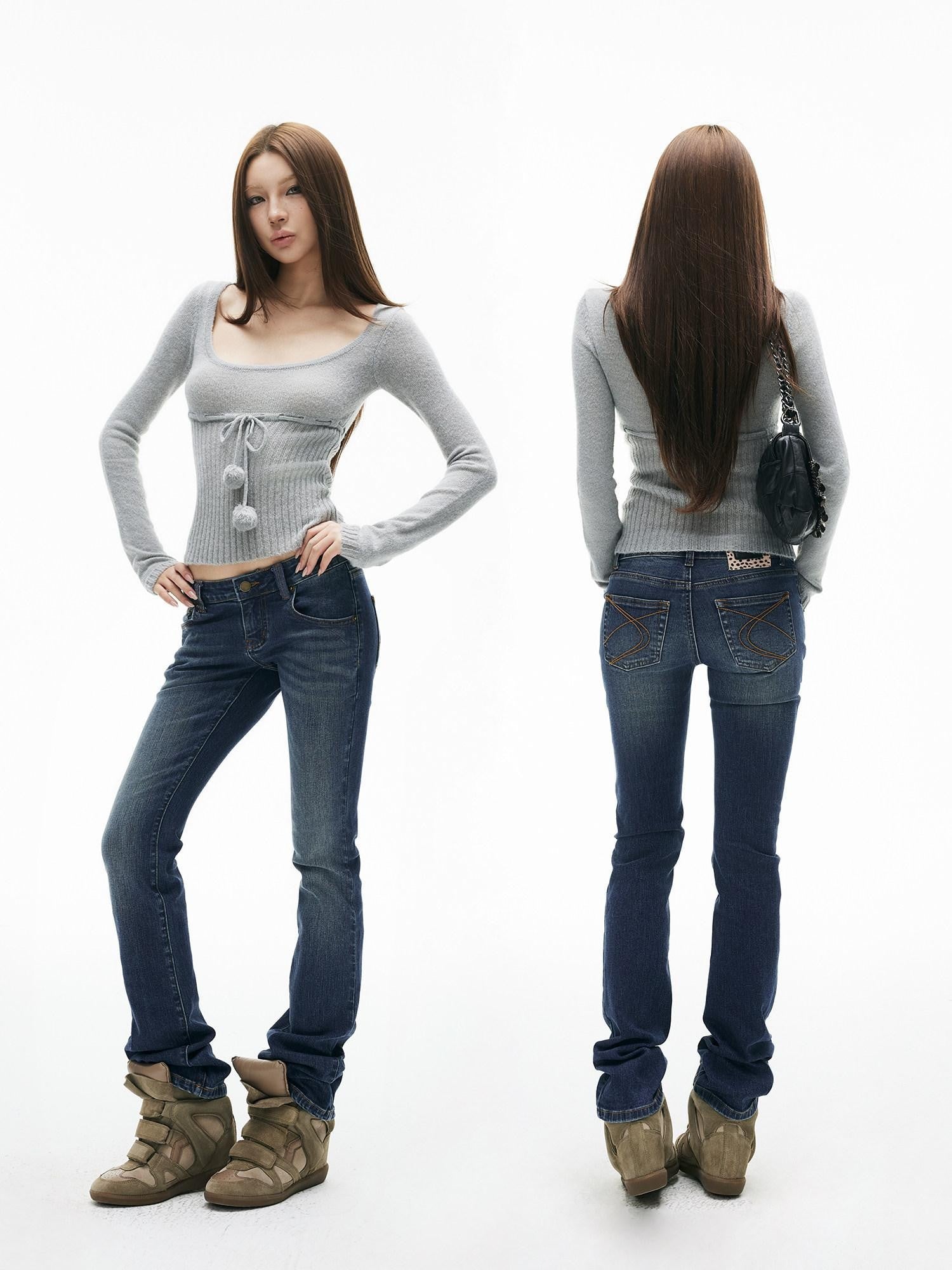 iamxiaa Vintage Wash Low Rise Micro Flare Women's Stretch Denim Straight Jeans