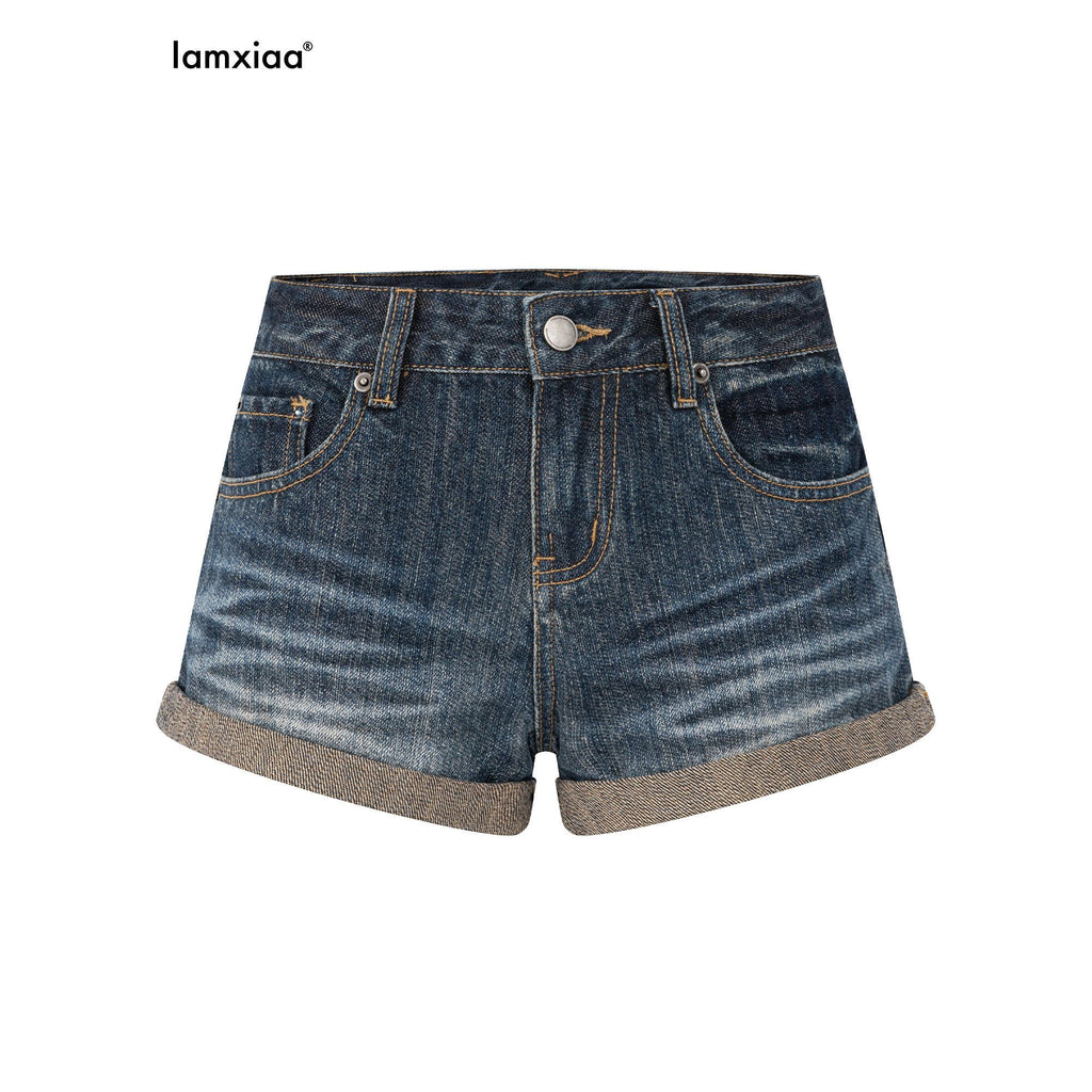 iamxiaa Vintage Wash Slub Diagonal Fold Cuff High Waist Women's Denim Jegging Shorts 1030454495764
