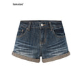 iamxiaa Vintage Wash Slub Diagonal Fold Cuff High Waist Women's Denim Jegging Shorts 1030454495764