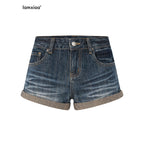 iamxiaa Vintage Wash Slub Diagonal Fold Cuff High Waist Women's Denim Jegging Shorts 1030454495764