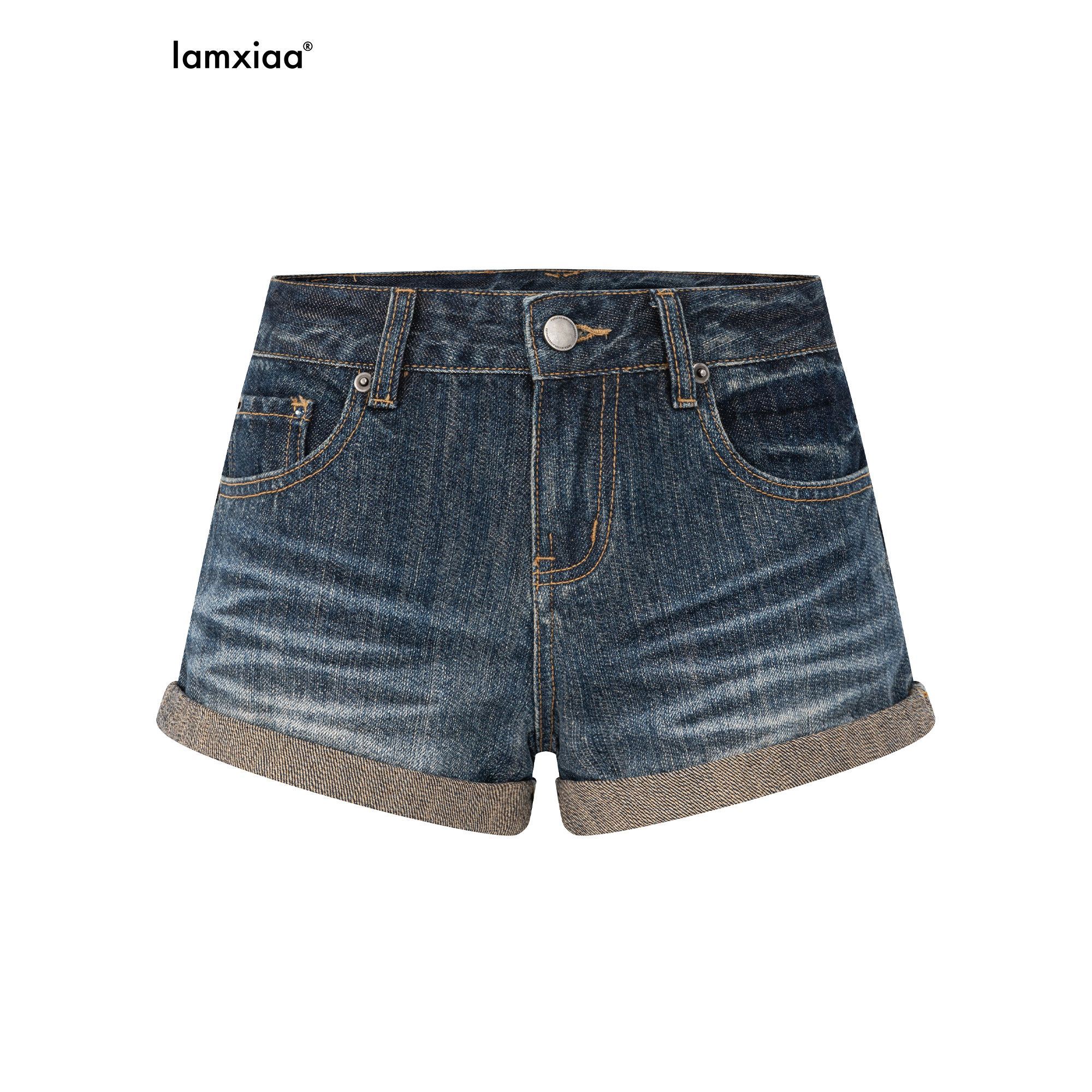 iamxiaa Vintage Wash Slub Diagonal Fold Cuff High Waist Women's Denim Jegging Shorts 1030454495764