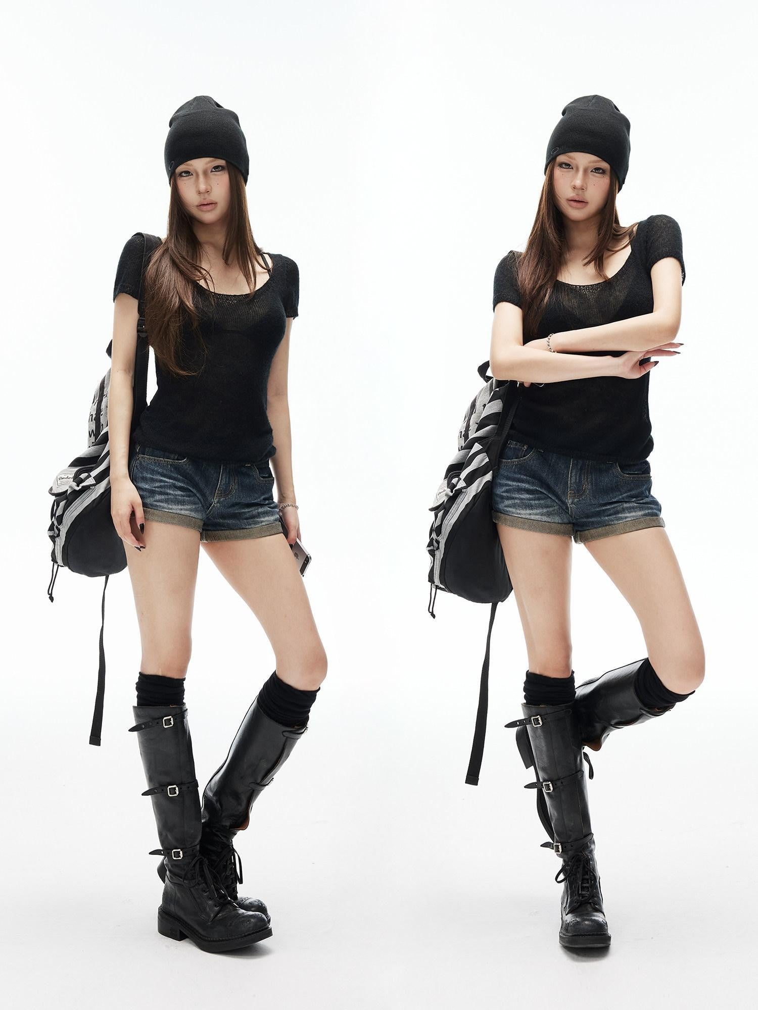 iamxiaa Vintage Wash Slub Diagonal Fold Cuff High Waist Women's Denim Jegging Shorts