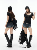 iamxiaa Vintage Wash Slub Diagonal Fold Cuff High Waist Women's Denim Jegging Shorts