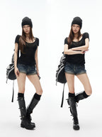 iamxiaa Vintage Wash Slub Diagonal Fold Cuff High Waist Women's Denim Jegging Shorts