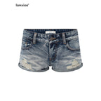 iamxiaa Vintage Washed Distressed Rhinestone Studded Low Rise Women's Denim Shorts 917246499376