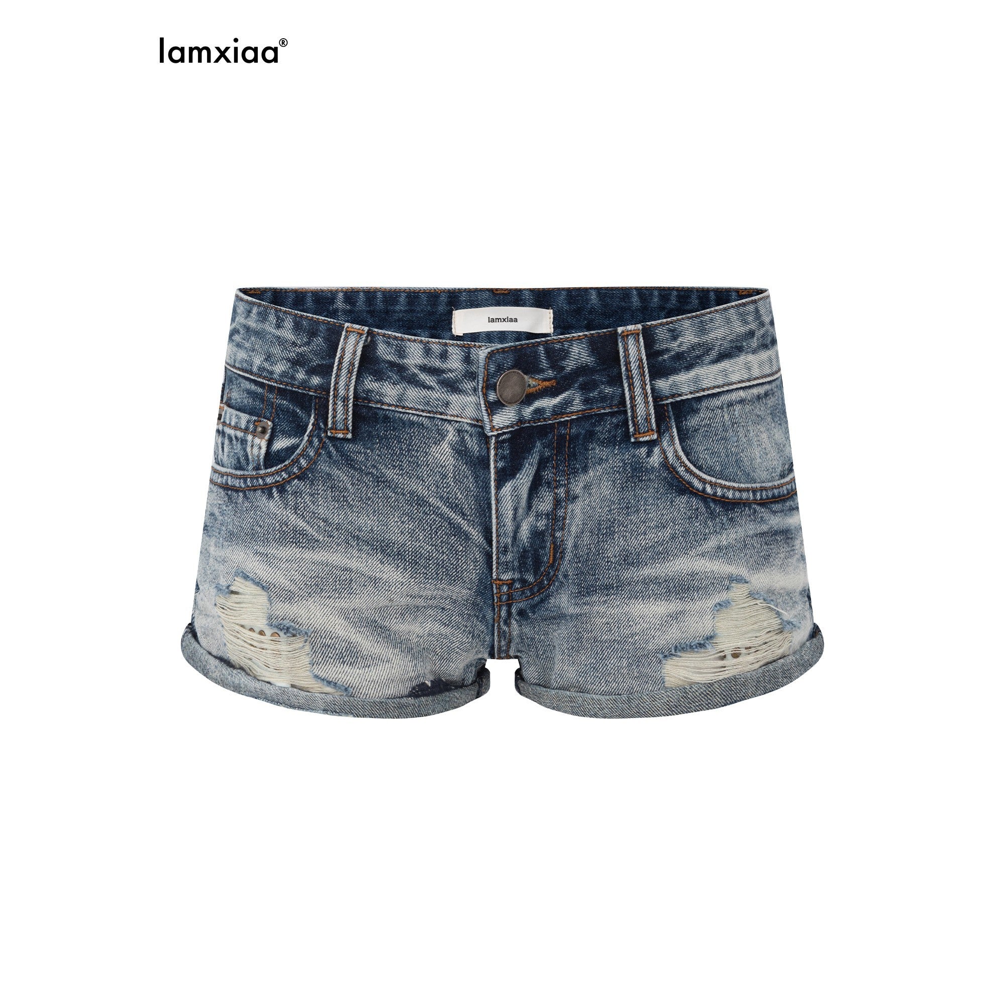 iamxiaa Vintage Washed Distressed Rhinestone Studded Low Rise Women's Denim Shorts 917246499376