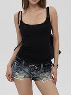 iamxiaa Vintage Washed Distressed Rhinestone Studded Low Rise Women's Denim Shorts