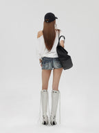 iamxiaa Vintage Washed Distressed Rhinestone Studded Low Rise Women's Denim Shorts