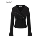 iamxiaa Visual Sculpted Lapel Tailored Slim Cropped Women's Suede Leather Jackets 888724354885