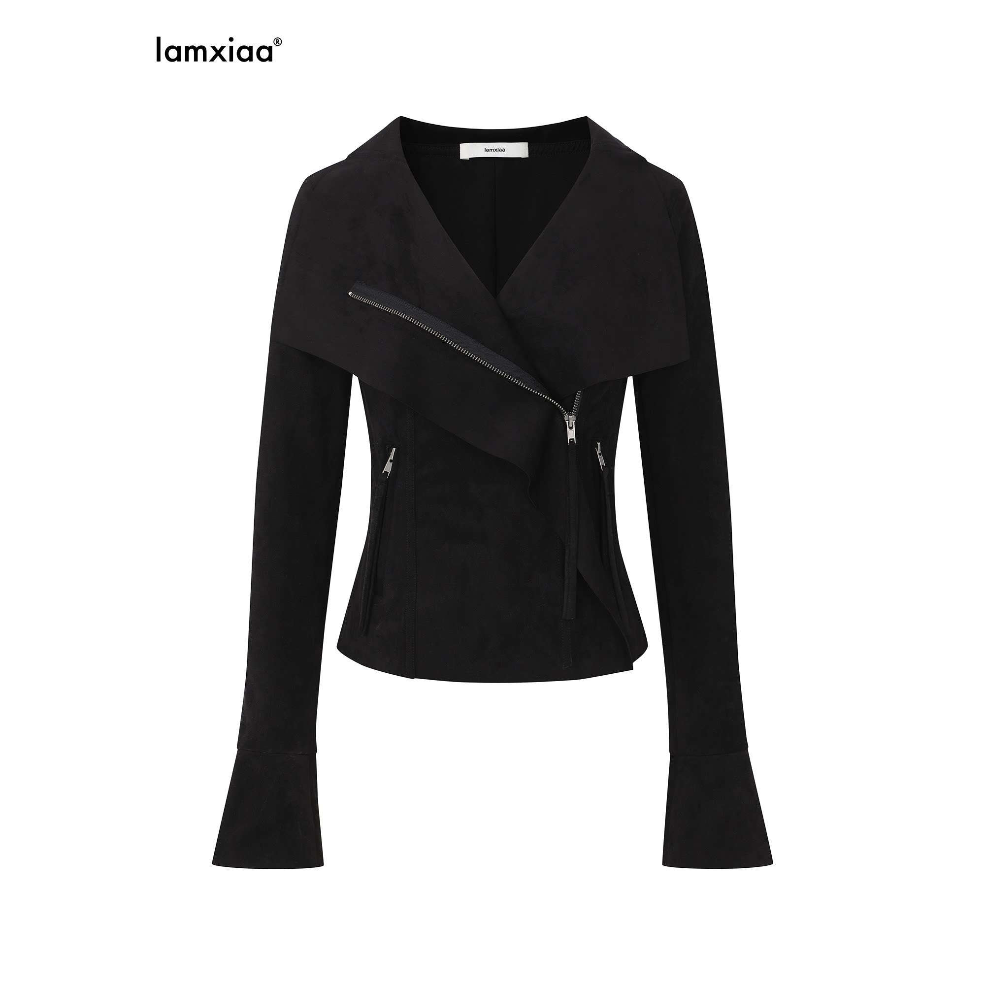 iamxiaa Visual Sculpted Lapel Tailored Slim Cropped Women's Suede Leather Jackets 888724354885