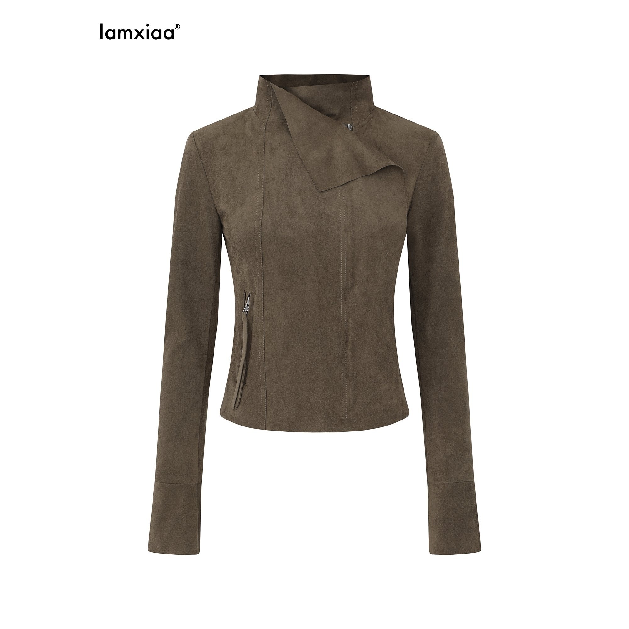 iamxiaa Visual Sculpted Lapel Tailored Slim Cropped Women's Suede Leather Jackets 888724354885