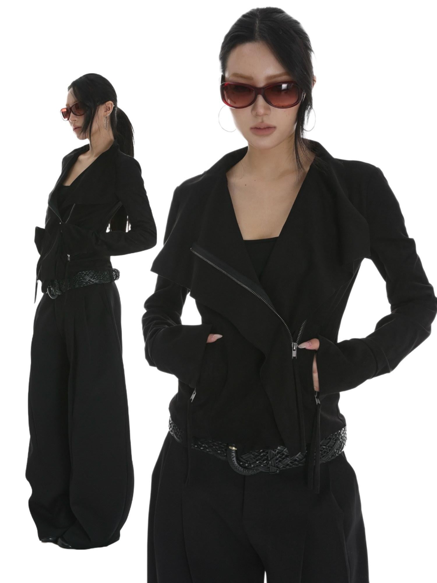 iamxiaa Visual Sculpted Lapel Tailored Slim Cropped Women's Suede Leather Jackets