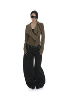 iamxiaa Visual Sculpted Lapel Tailored Slim Cropped Women's Suede Leather Jackets