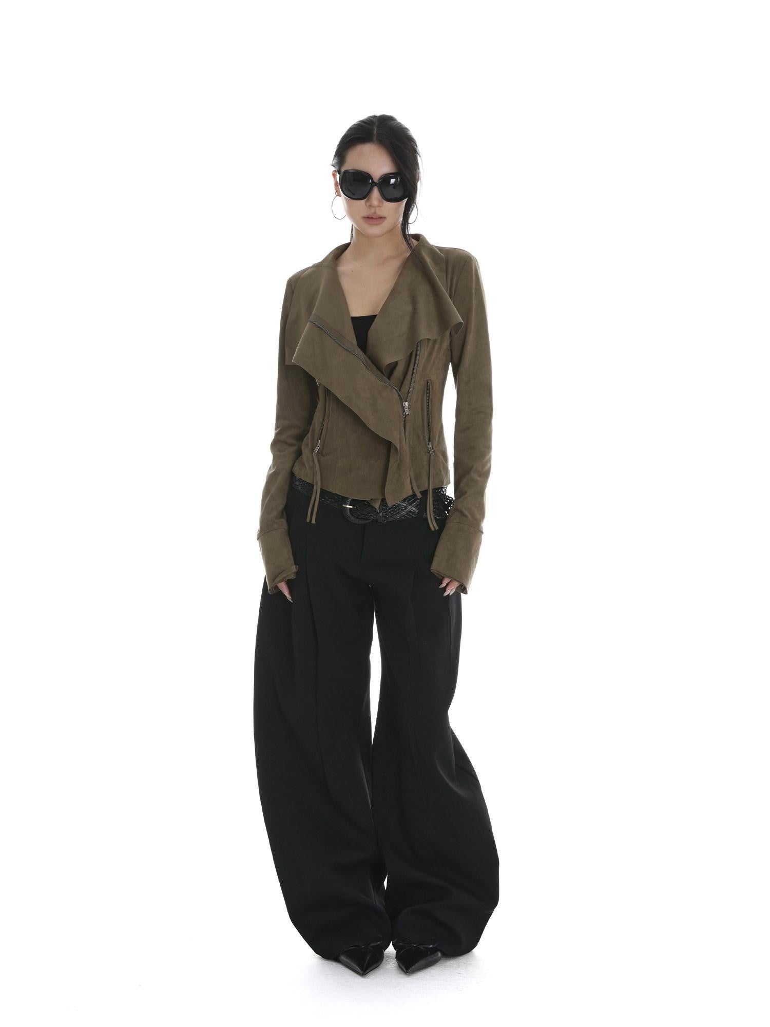 iamxiaa Visual Sculpted Lapel Tailored Slim Cropped Women's Suede Leather Jackets