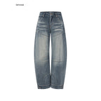 iamxiaa Washed Blue Patchwork Panel Street Curved Cut Women's High Cotton Wide-leg Jeans 992157524904
