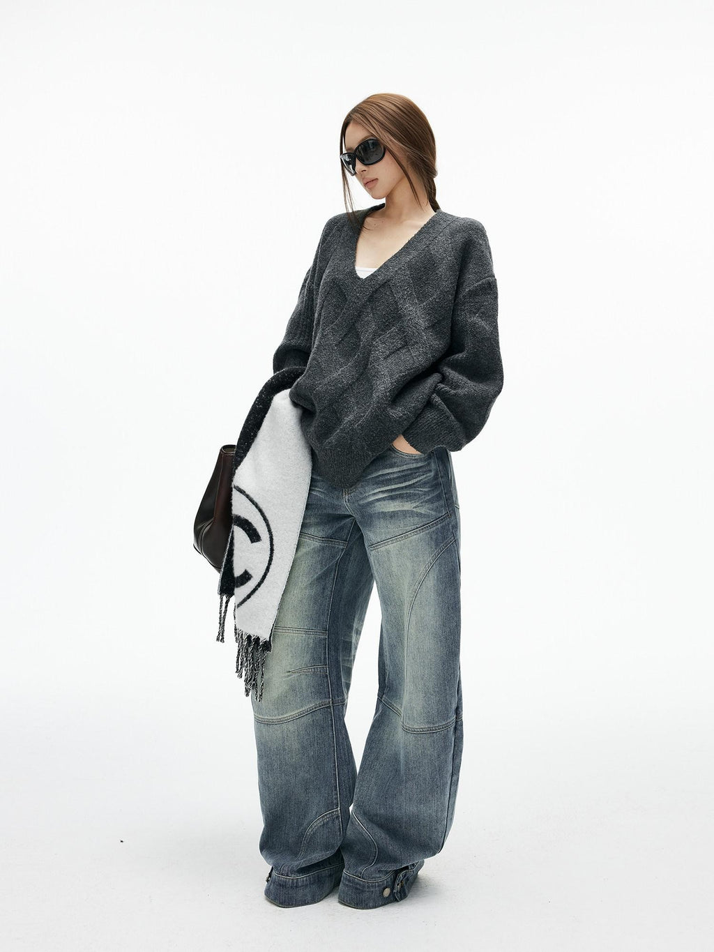 iamxiaa Washed Blue Patchwork Panel Street Curved Cut Women's High Cotton Wide-leg Jeans