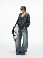 iamxiaa Washed Blue Patchwork Panel Street Curved Cut Women's High Cotton Wide-leg Jeans
