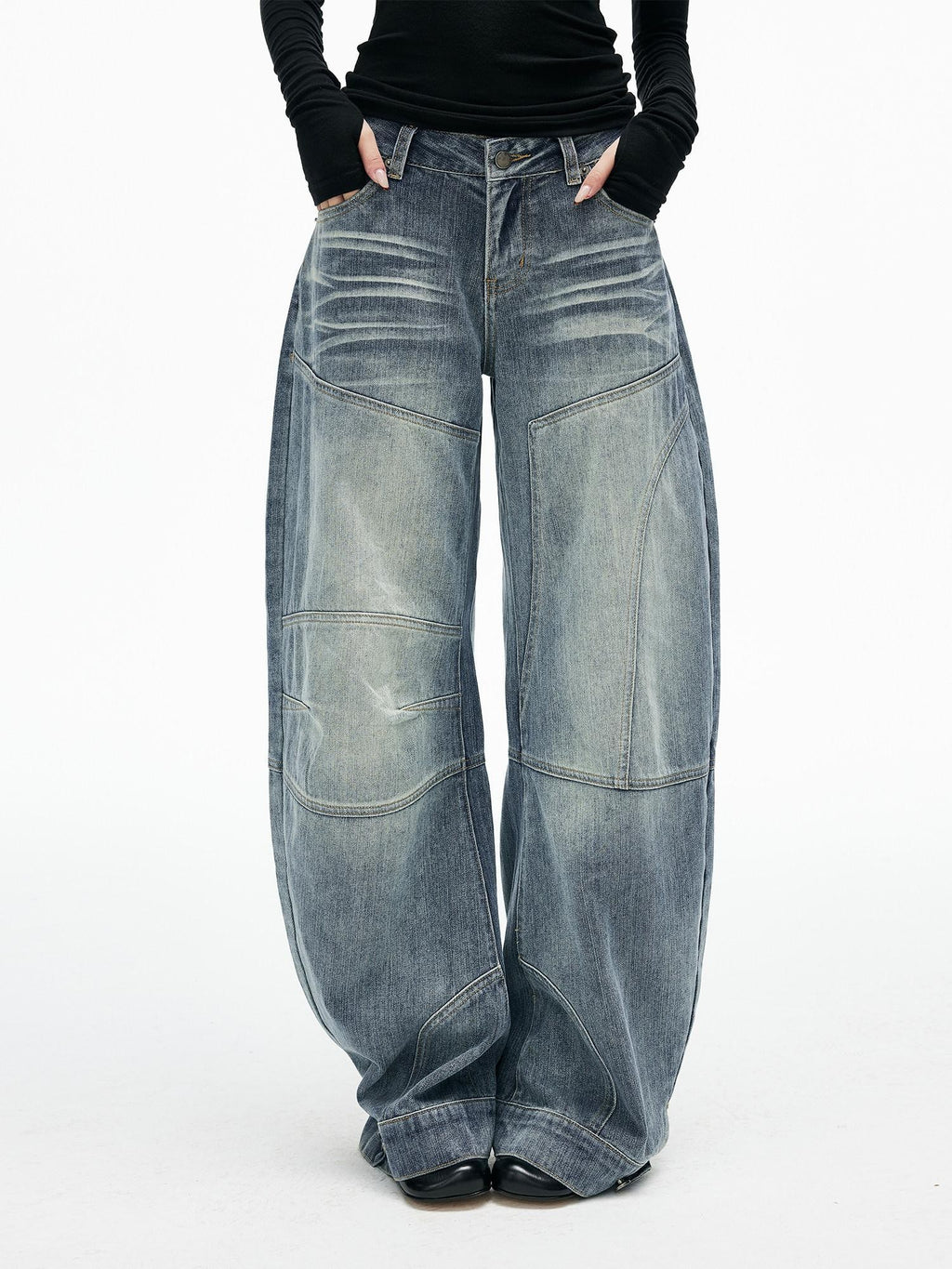 iamxiaa Washed Blue Patchwork Panel Street Curved Cut Women's High Cotton Wide-leg Jeans