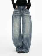 iamxiaa Washed Blue Patchwork Panel Street Curved Cut Women's High Cotton Wide-leg Jeans