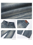 iamxiaa Washed Blue Patchwork Panel Street Curved Cut Women's High Cotton Wide-leg Jeans