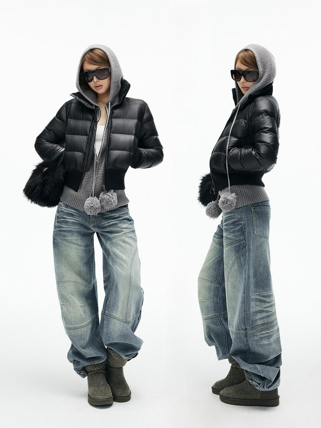 iamxiaa Washed Blue Patchwork Panel Street Curved Cut Women's High Cotton Wide-leg Jeans