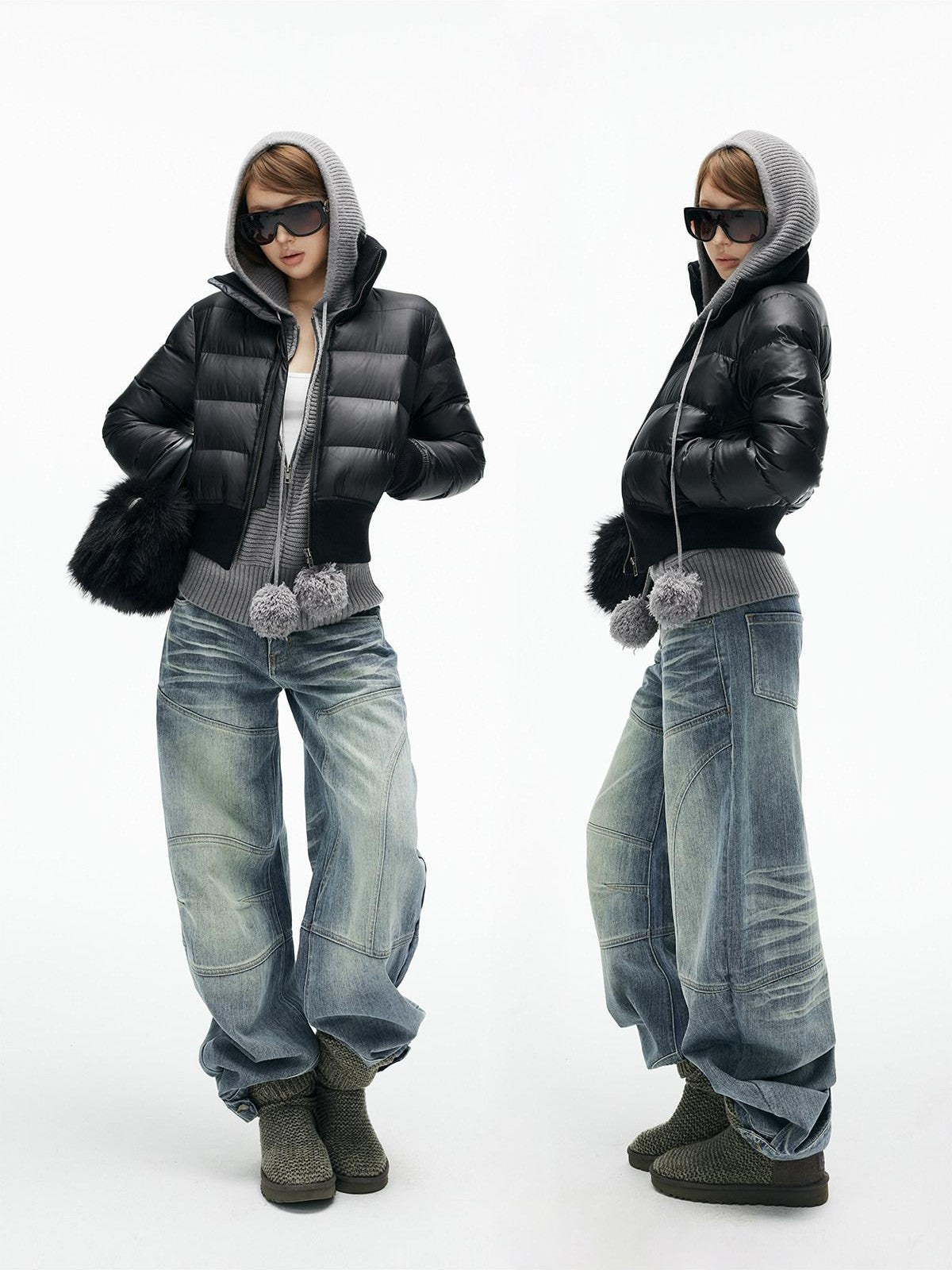 iamxiaa Washed Blue Patchwork Panel Street Curved Cut Women's High Cotton Wide-leg Jeans