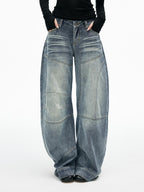 iamxiaa Washed Blue Patchwork Panel Street Curved Cut Women's High Cotton Wide-leg Jeans