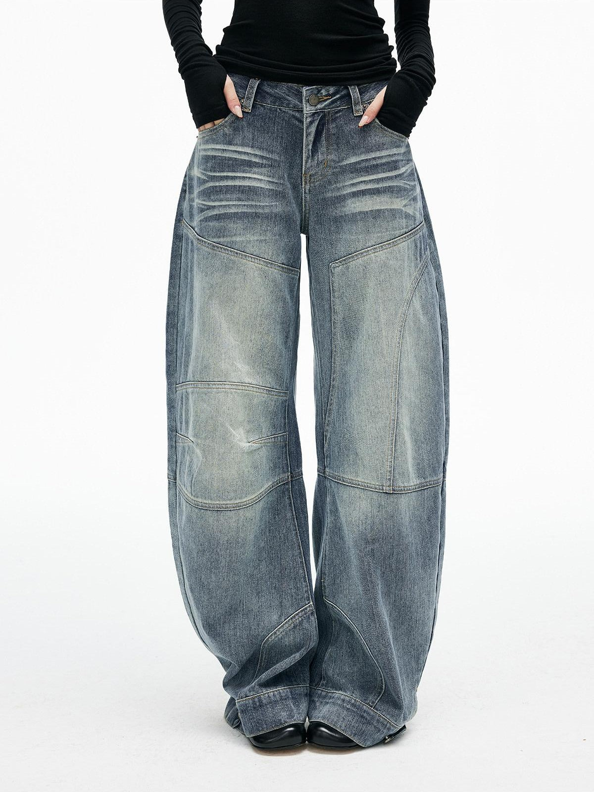 iamxiaa Washed Blue Patchwork Panel Street Curved Cut Women's High Cotton Wide-leg Jeans