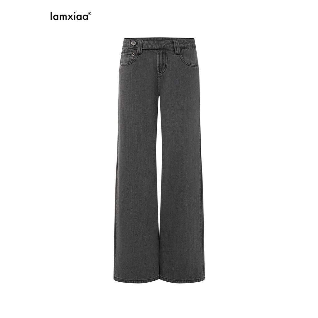 iamxiaa Washed Gray Low Waist Side Button Women's Cotton Denim Breathable Straight Jeans 1038614269041