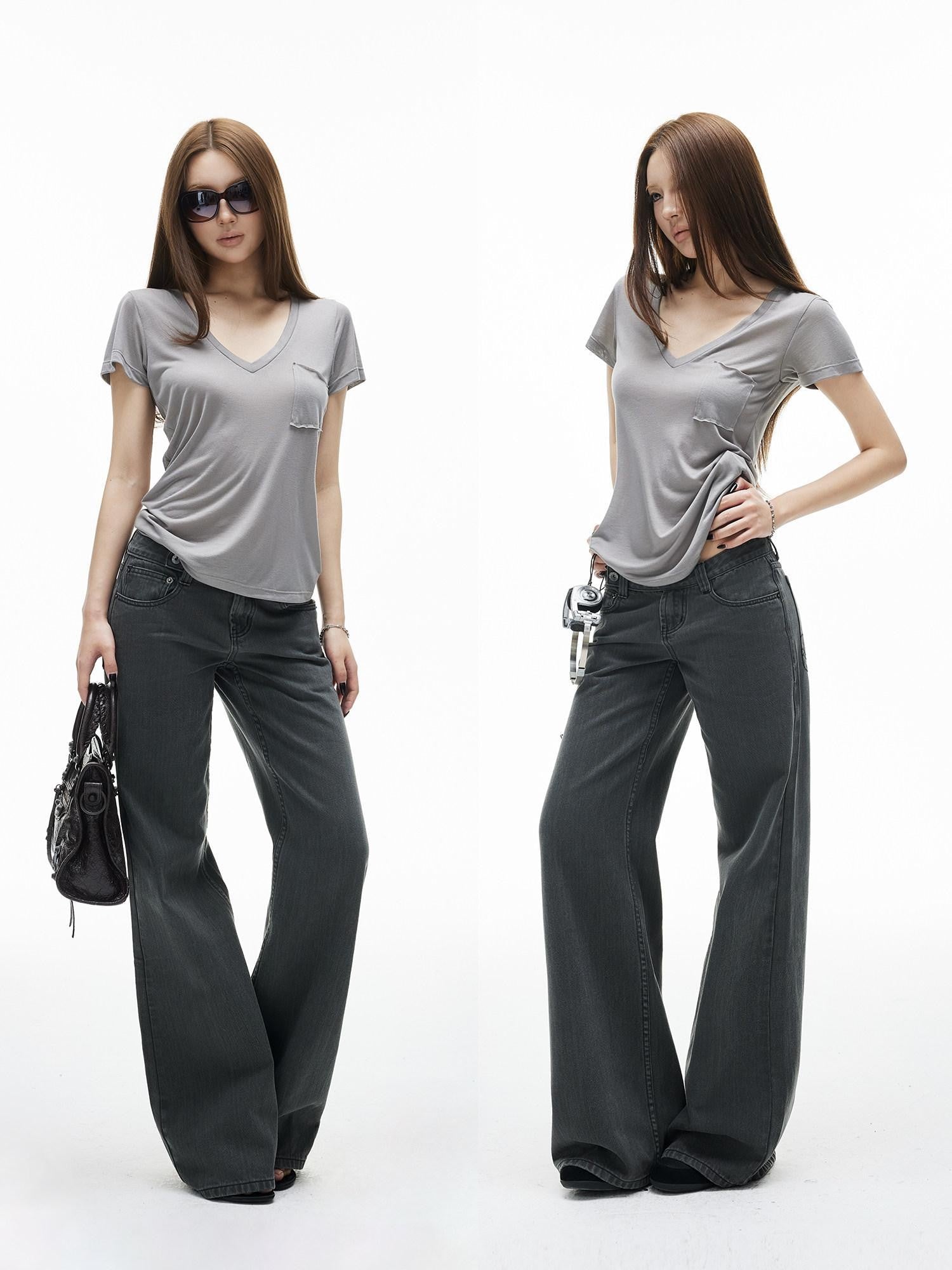 iamxiaa Washed Gray Low Waist Side Button Women's Cotton Denim Breathable Straight Jeans