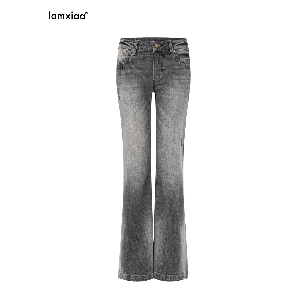 iamxiaa Washed Grey Slub Denim Low Rise Leg Lengthening Women's Cotton Flare Jeans 1009437816169