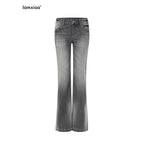 iamxiaa Washed Grey Slub Denim Low Rise Leg Lengthening Women's Cotton Flare Jeans 1009437816169