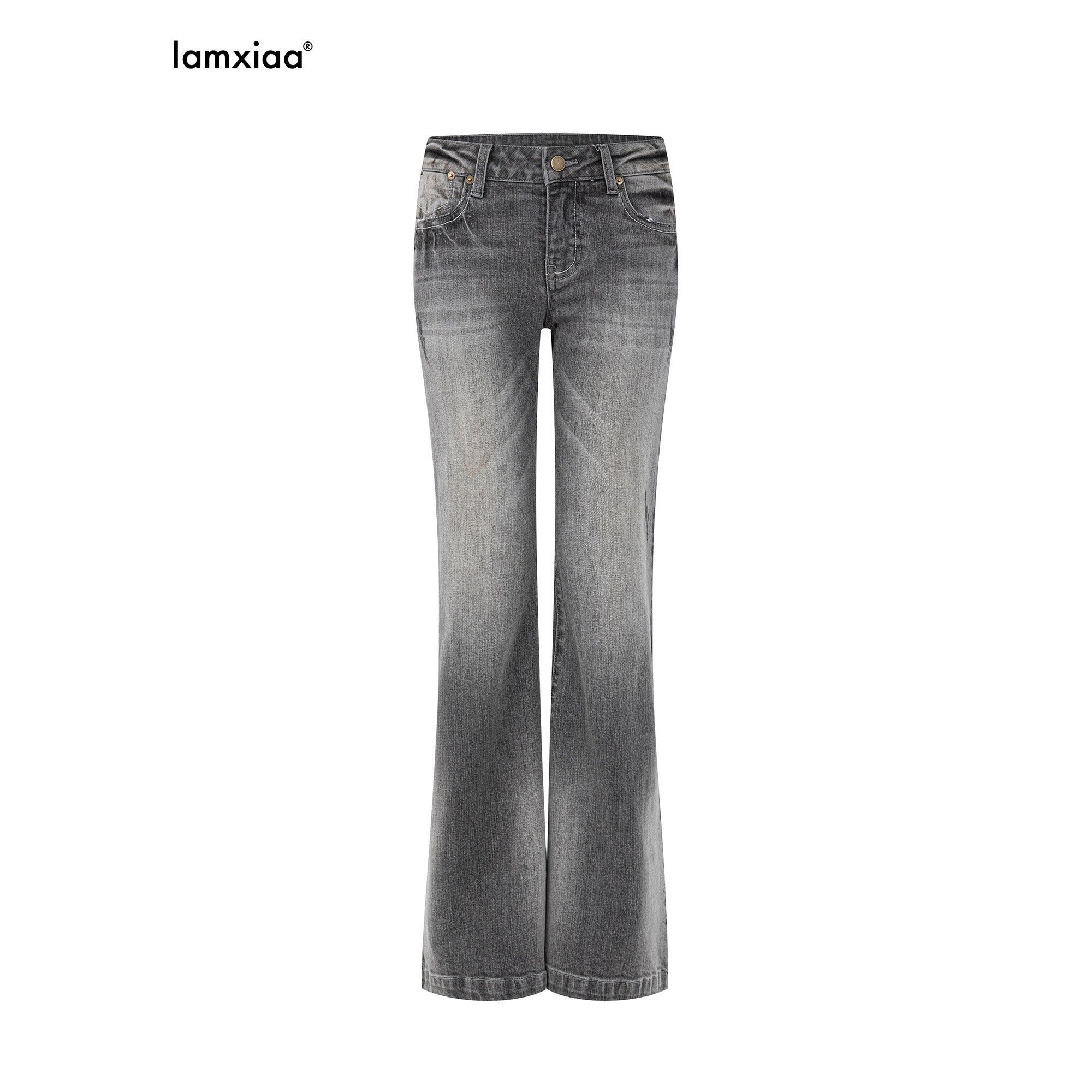 iamxiaa Washed Grey Slub Denim Low Rise Leg Lengthening Women's Cotton Flare Jeans 1009437816169