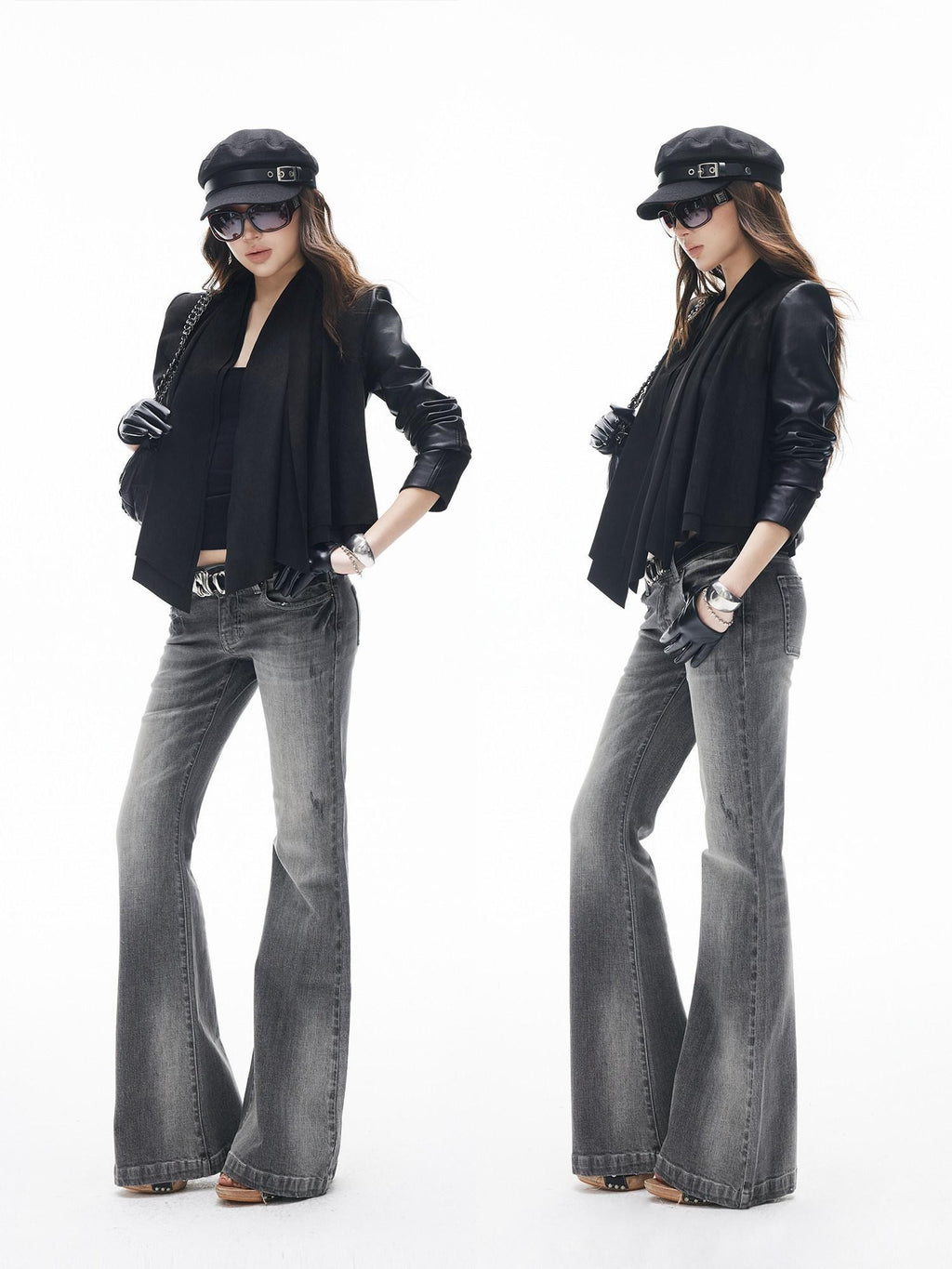 iamxiaa Washed Grey Slub Denim Low Rise Leg Lengthening Women's Cotton Flare Jeans