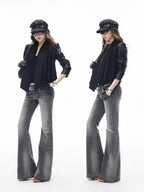iamxiaa Washed Grey Slub Denim Low Rise Leg Lengthening Women's Cotton Flare Jeans