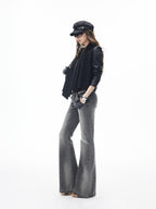 iamxiaa Washed Grey Slub Denim Low Rise Leg Lengthening Women's Cotton Flare Jeans