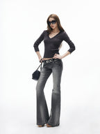 iamxiaa Washed Grey Slub Denim Low Rise Leg Lengthening Women's Cotton Flare Jeans
