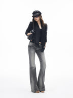 iamxiaa Washed Grey Slub Denim Low Rise Leg Lengthening Women's Cotton Flare Jeans