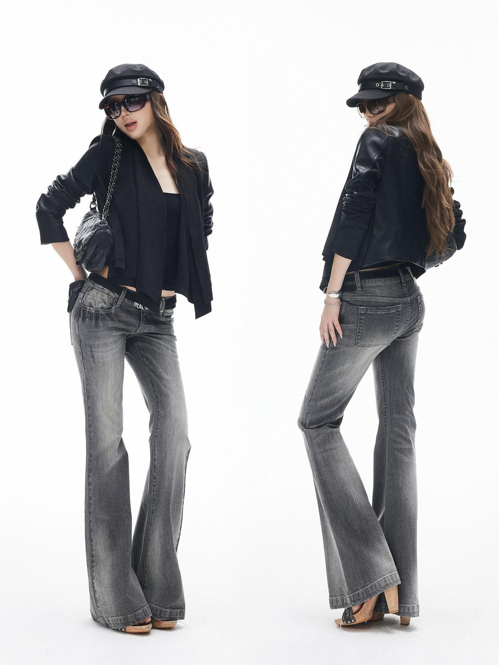 iamxiaa Washed Grey Slub Denim Low Rise Leg Lengthening Women's Cotton Flare Jeans